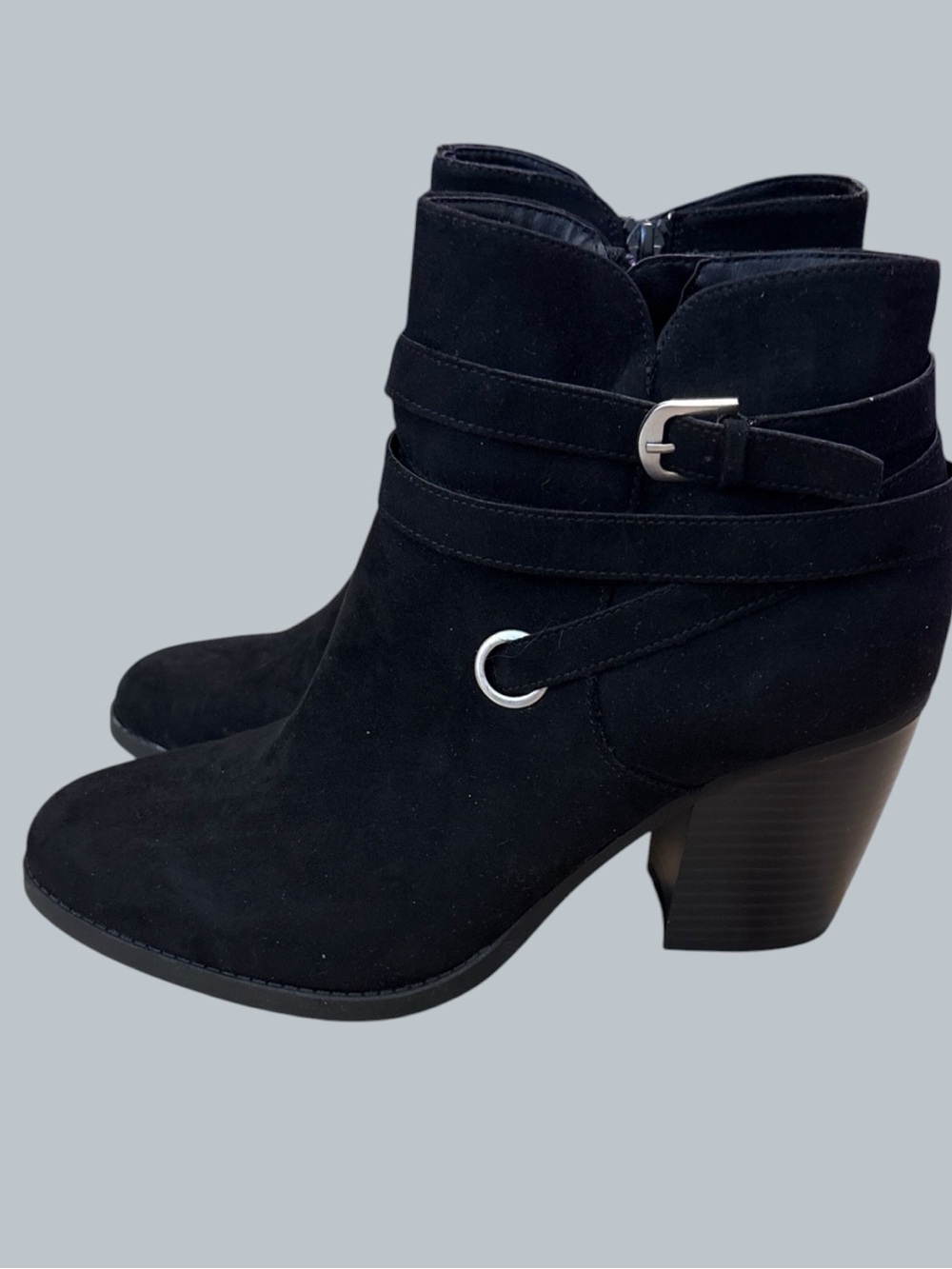 Style & Co Solane Black Buckle Zip Block Heel Ankle Faux Suade Boot- Sz 9.5